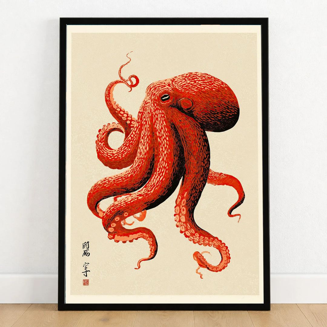 Japanese Octopus Wall Art – Red Vintage Japanese Print — art print in black frame on wooden floor