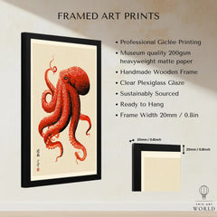 Japanese Octopus Wall Art – Red Vintage Japanese Print — framed print details measurements quality details