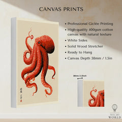 Japanese Octopus Wall Art – Red Vintage Japanese Print — canvas print stretched cotton canvas details