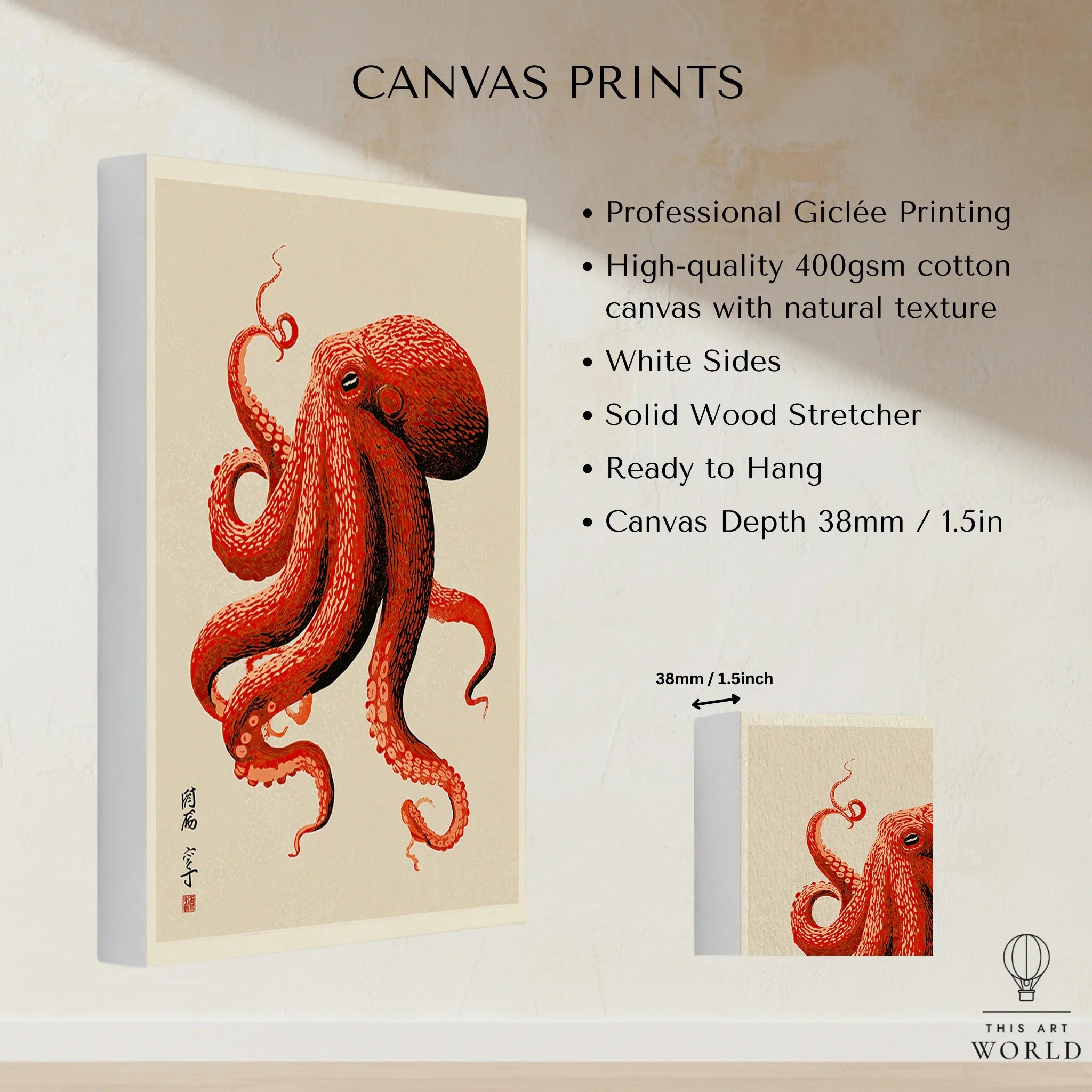 Japanese Octopus Wall Art – Red Vintage Japanese Print — canvas print stretched cotton canvas details