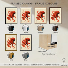 Japanese Octopus Wall Art – Red Vintage Japanese Print — framed canvas float frame colour options