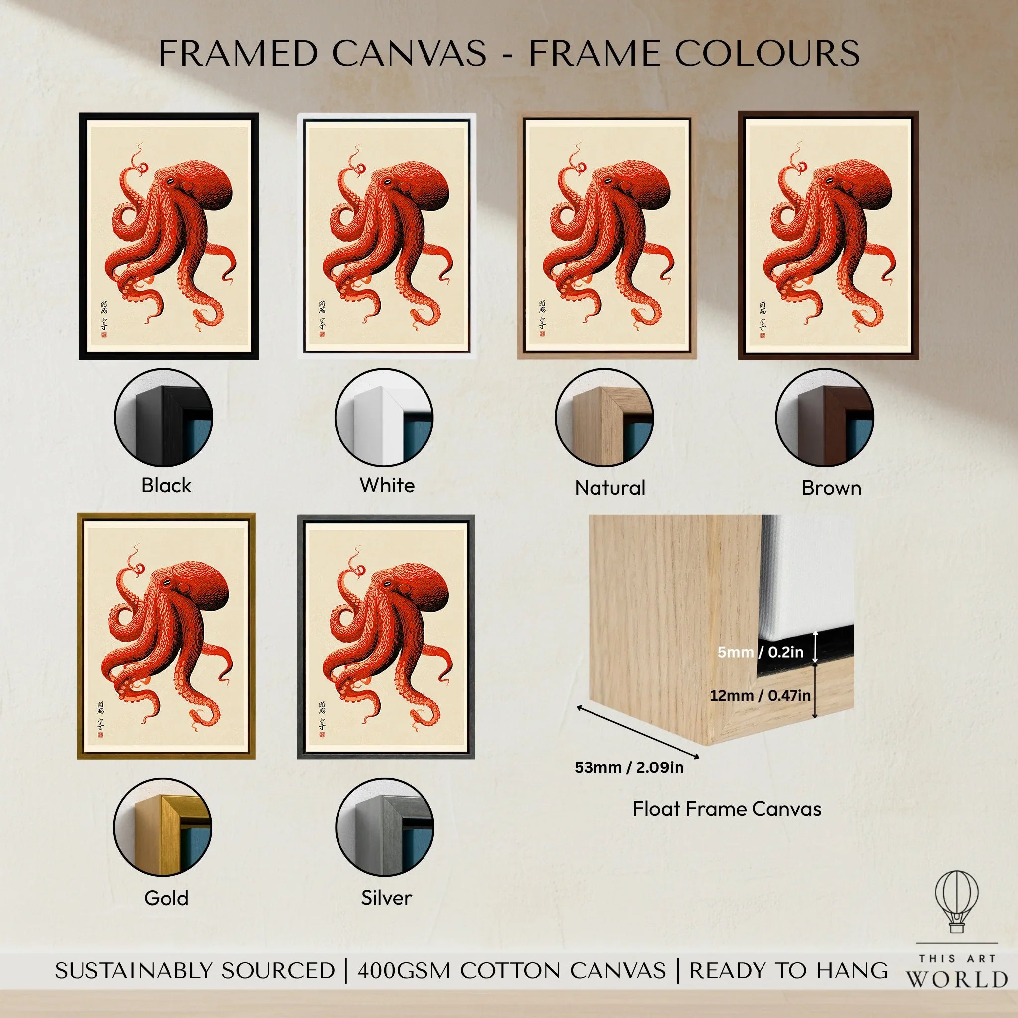 Japanese Octopus Wall Art – Red Vintage Japanese Print — framed canvas float frame colour options