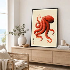 Japanese Octopus Wall Art – Red Vintage Japanese Print — framed artwork living room lifestyle setting