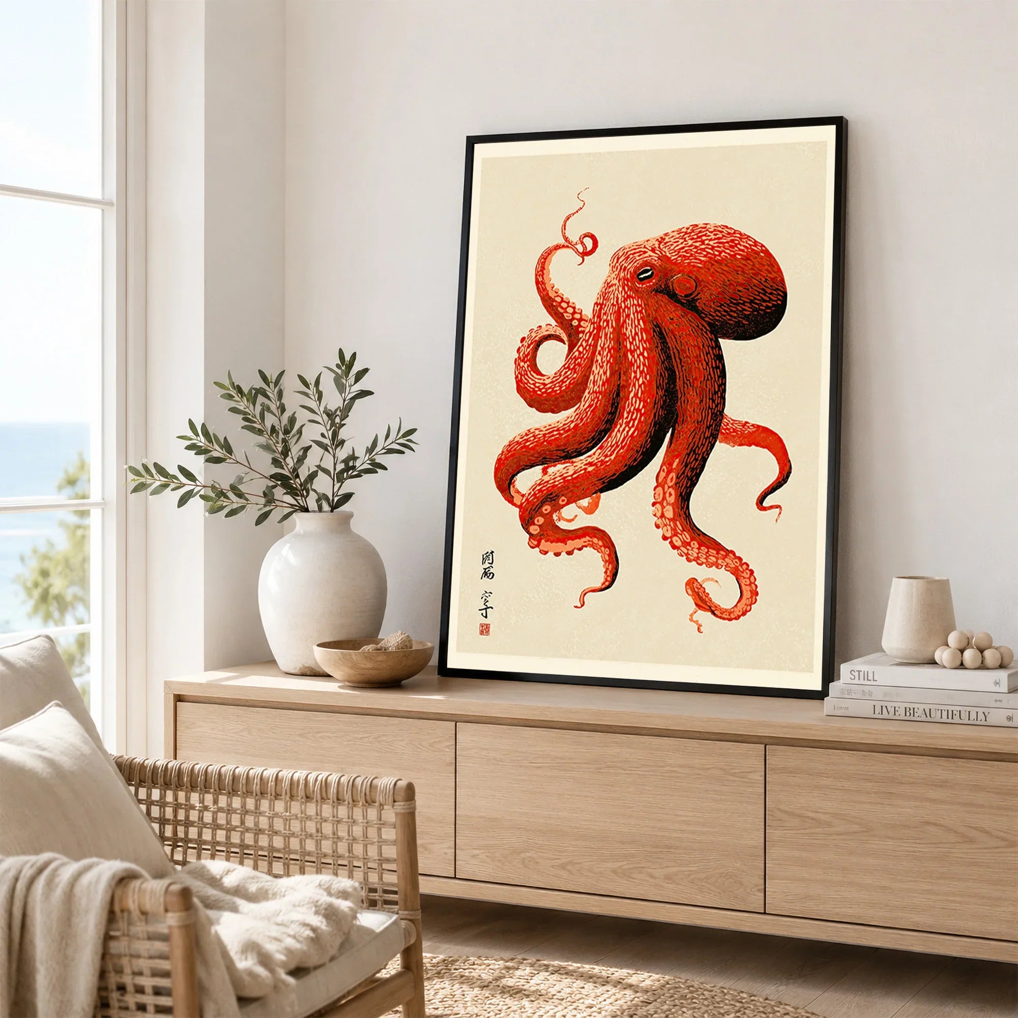 Japanese Octopus Wall Art – Red Vintage Japanese Print — framed artwork living room lifestyle setting