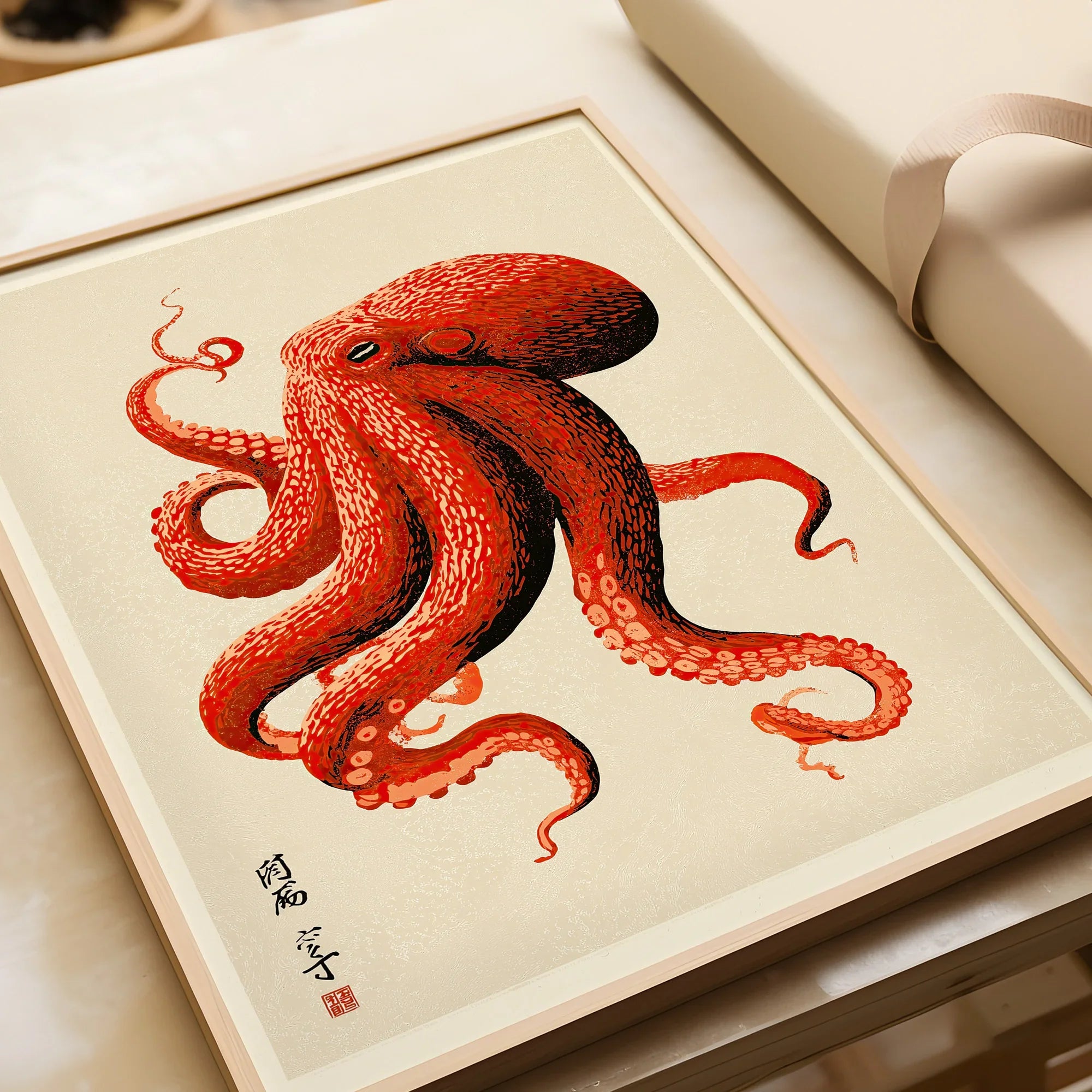 Japanese Octopus Wall Art – Red Vintage Japanese Print — framed art print closeup gift unwrapped natural frame