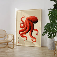 Japanese Octopus Wall Art – Red Vintage Japanese Print — large framed print room setting chair plant