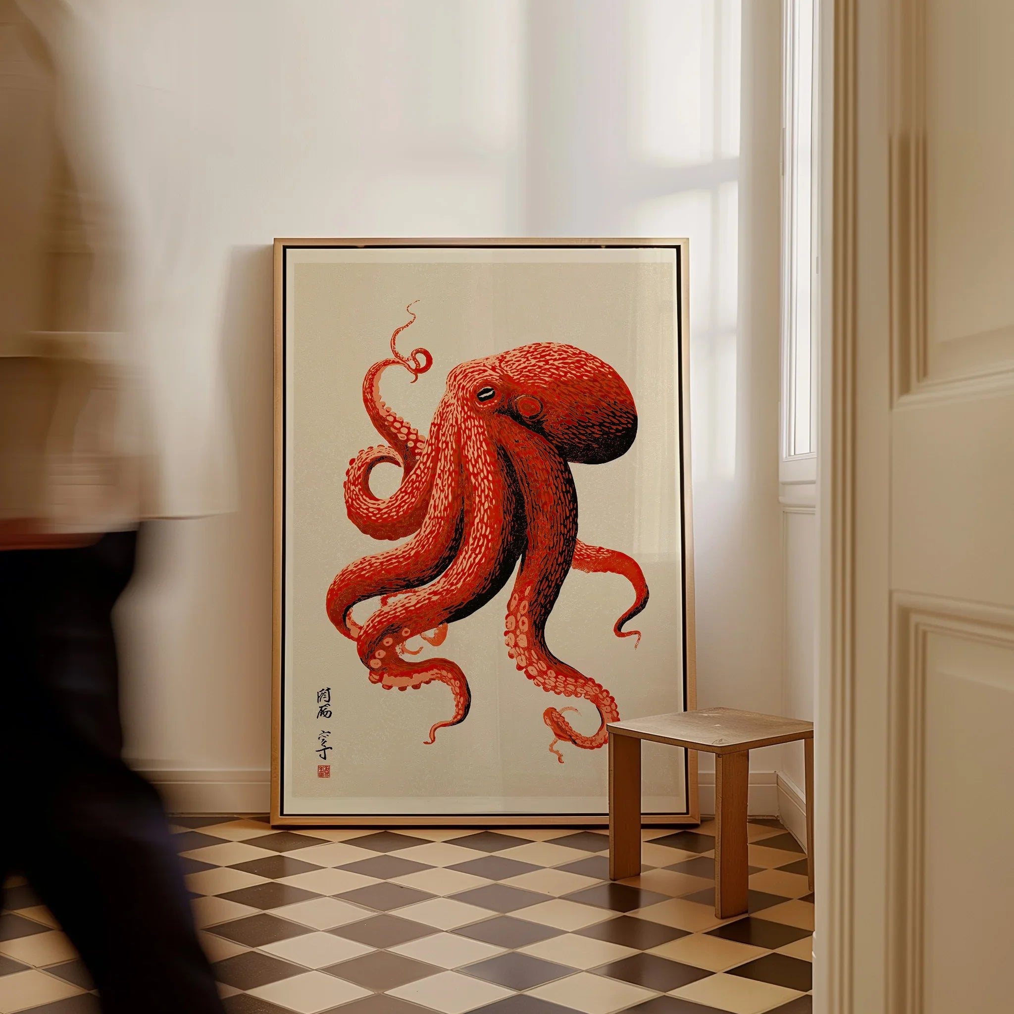 Japanese Octopus Wall Art – Red Vintage Japanese Print — framed canvas on floor man walking past