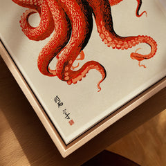 Japanese Octopus Wall Art – Red Vintage Japanese Print — closeup framed canvas natural wood floating frame