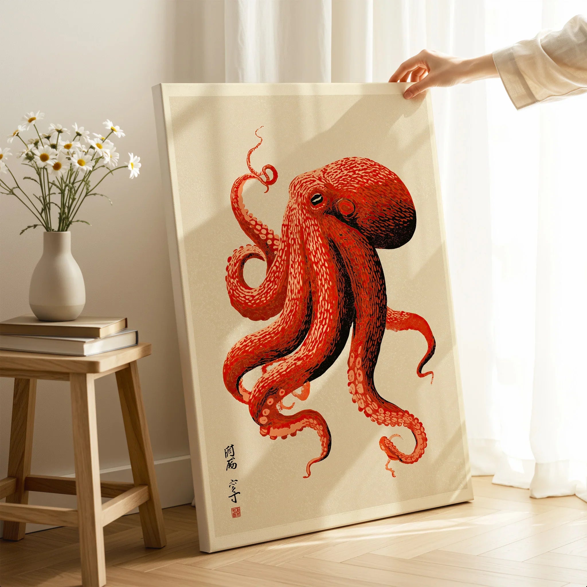 Japanese Octopus Wall Art – Red Vintage Japanese Print — canvas print mirror edge hand holding room setting