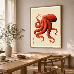 Japanese Octopus Wall Art – Red Vintage Japanese Print — dining room framed print natural wood frame