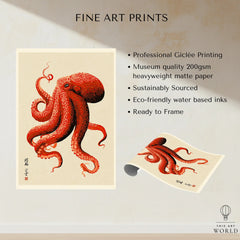 Japanese Octopus Wall Art – Red Vintage Japanese Print — fine art print unframed quality details