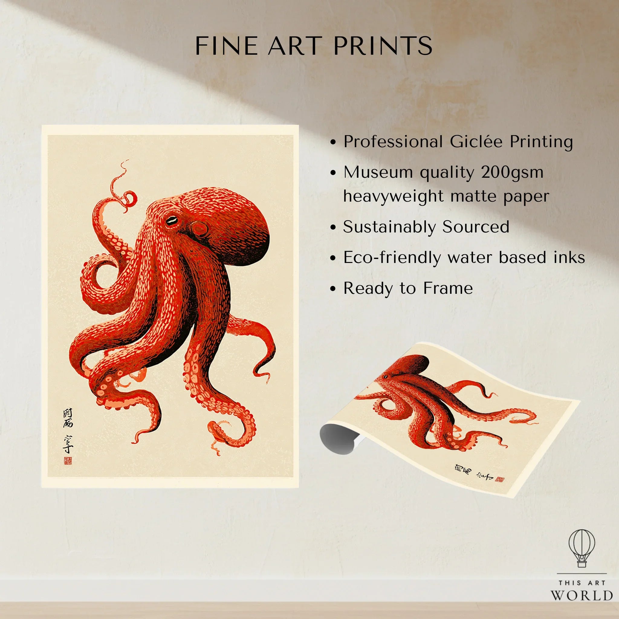 Japanese Octopus Wall Art – Red Vintage Japanese Print — fine art print unframed quality details