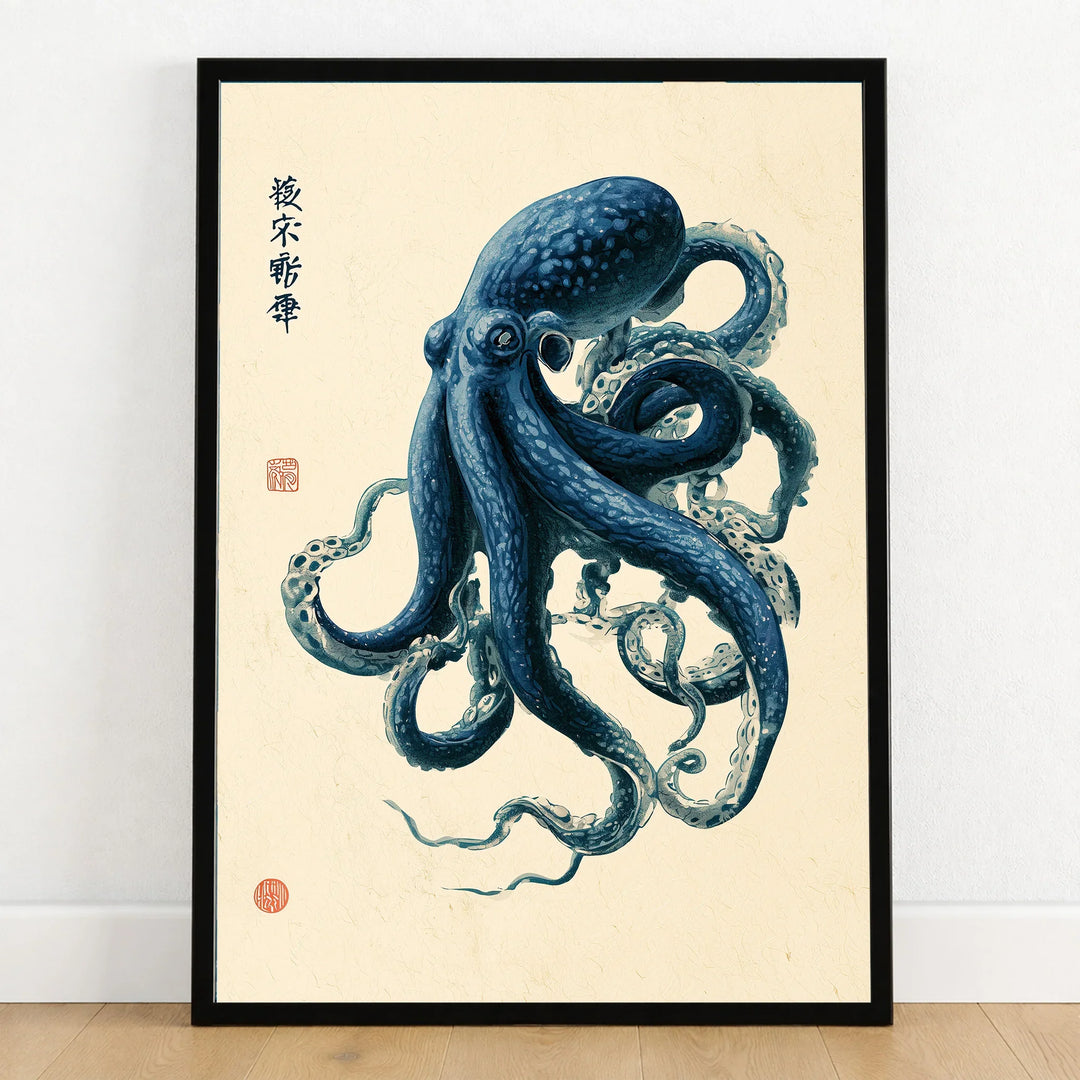 Japanese Octopus Art Print – Blue Vintage Sea Life Wall Art — art print in black frame on wooden floor