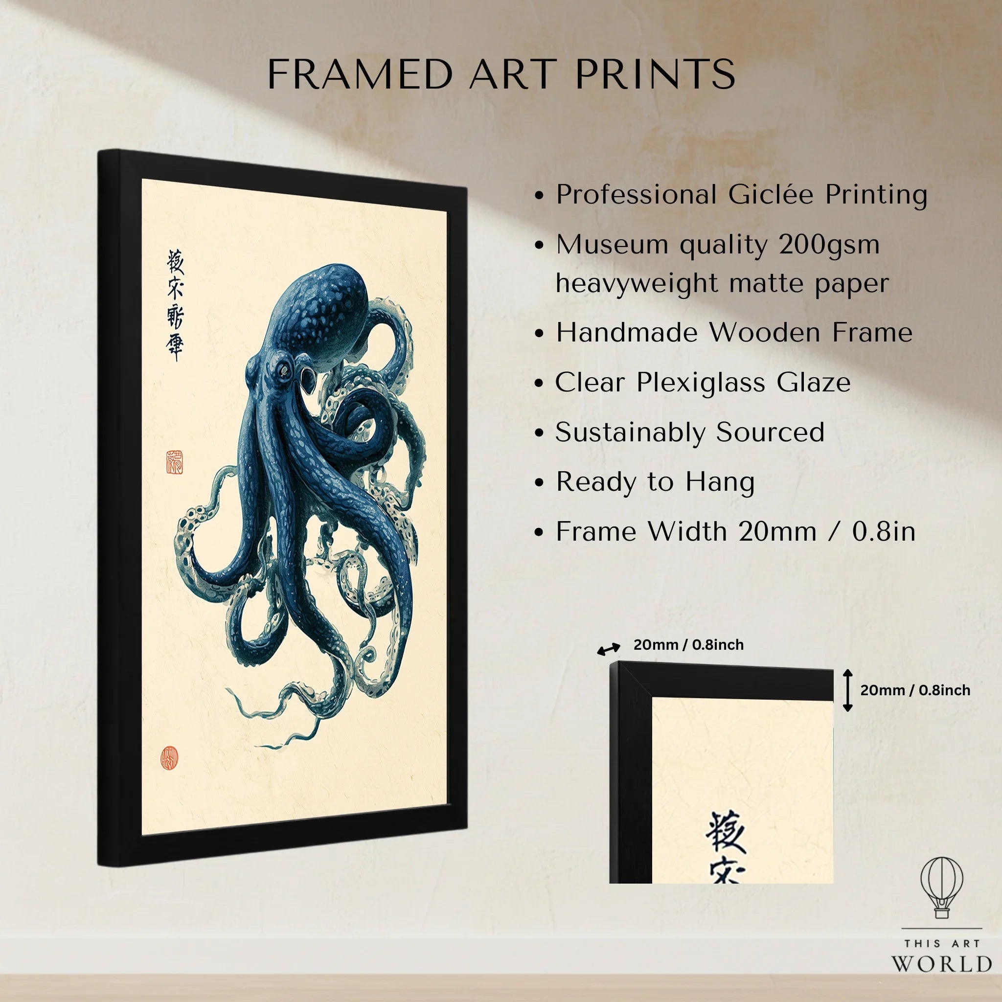 Japanese Octopus Art Print – Blue Vintage Sea Life Wall Art — framed print details measurements quality details