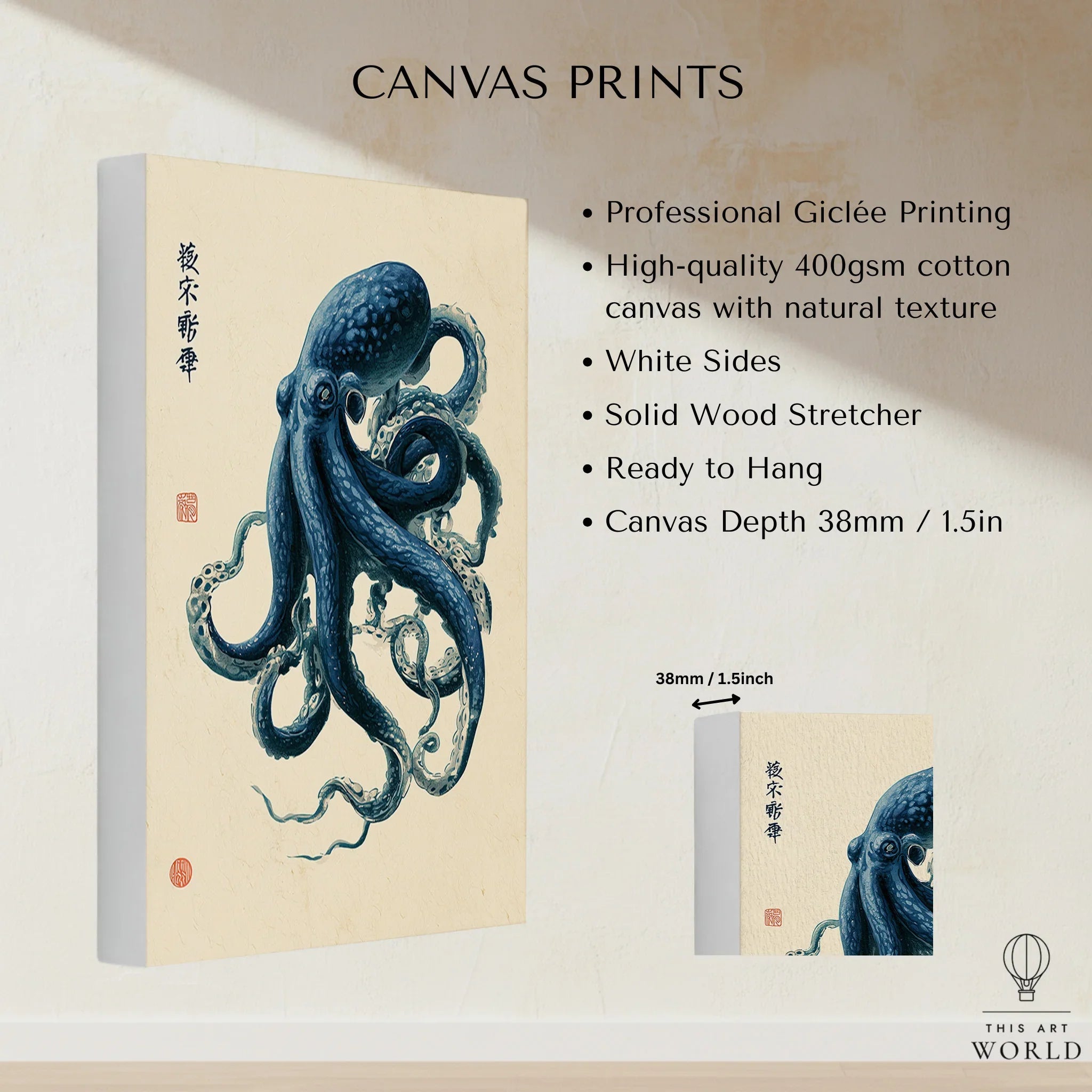 Japanese Octopus Art Print – Blue Vintage Sea Life Wall Art — canvas print stretched cotton canvas details