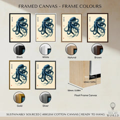 Japanese Octopus Art Print – Blue Vintage Sea Life Wall Art — framed canvas float frame colour options