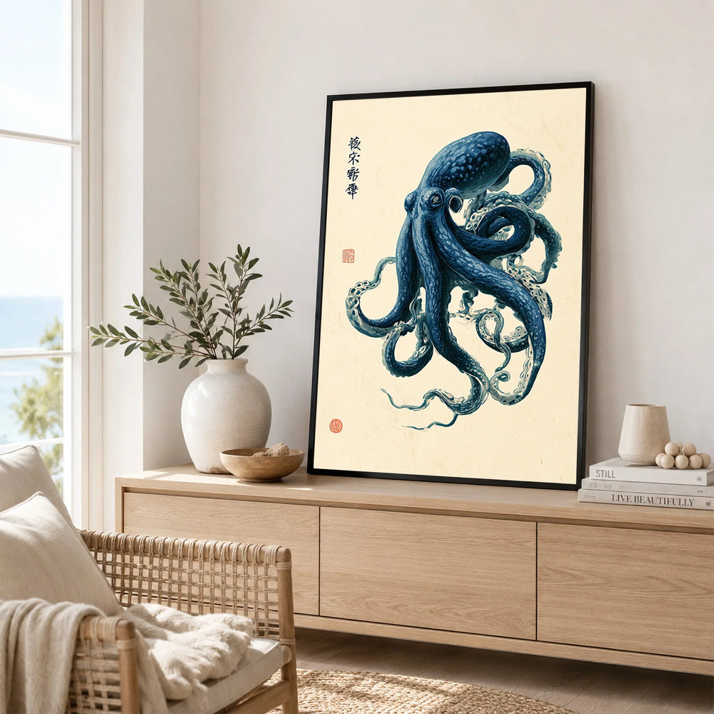 Japanese Octopus Art Print – Blue Vintage Sea Life Wall Art — framed artwork living room lifestyle setting