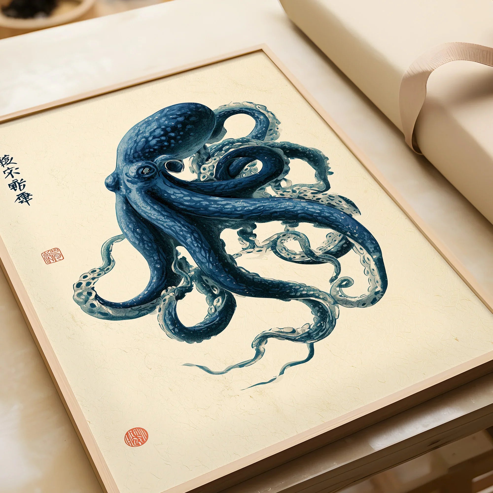 Japanese Octopus Art Print – Blue Vintage Sea Life Wall Art — framed art print closeup gift unwrapped natural frame