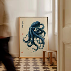 Japanese Octopus Art Print – Blue Vintage Sea Life Wall Art — framed canvas on floor man walking past