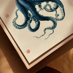 Japanese Octopus Art Print – Blue Vintage Sea Life Wall Art — closeup framed canvas natural wood floating frame