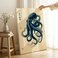 Japanese Octopus Art Print – Blue Vintage Sea Life Wall Art — canvas print mirror edge hand holding room setting