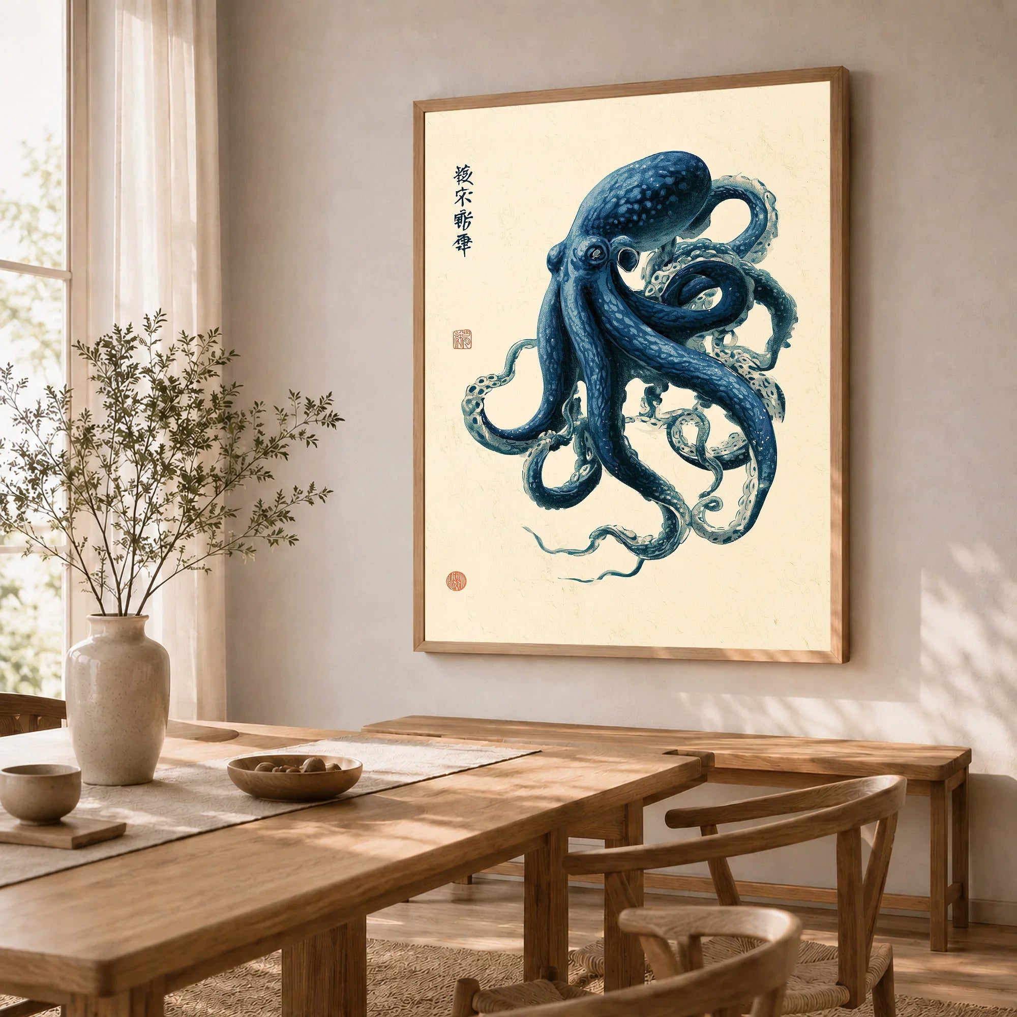 Japanese Octopus Art Print – Blue Vintage Sea Life Wall Art — dining room framed print natural wood frame