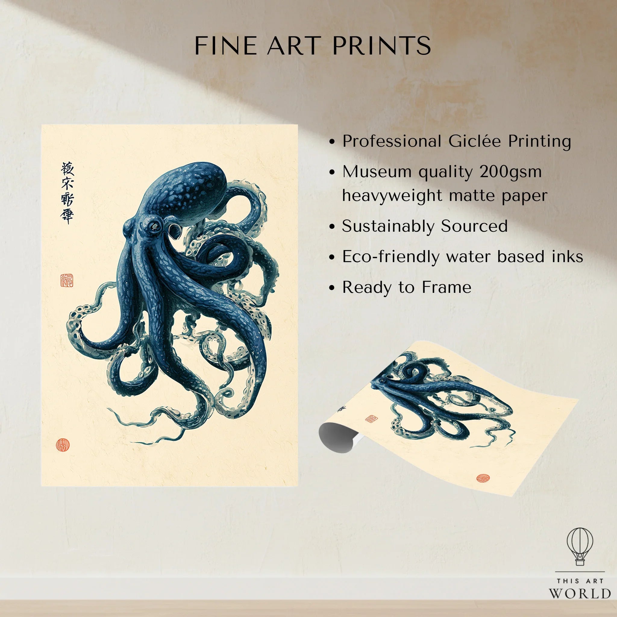 Japanese Octopus Art Print – Blue Vintage Sea Life Wall Art — fine art print unframed quality details