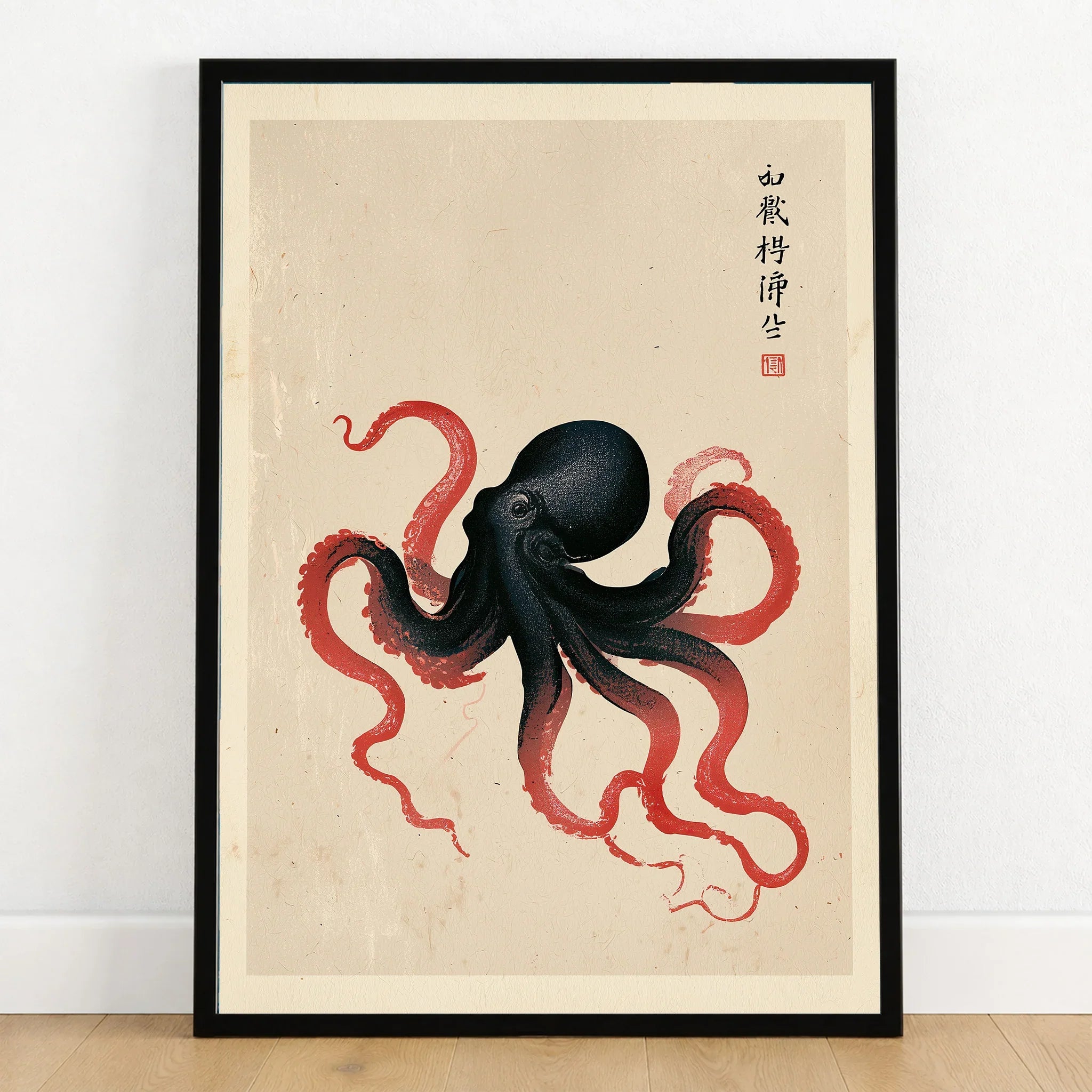 Japanese Octopus Wall Art – Black & Red Vintage Art Print — art print in black frame on wooden floor