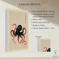 Japanese Octopus Wall Art – Black & Red Vintage Art Print — canvas print stretched cotton canvas details