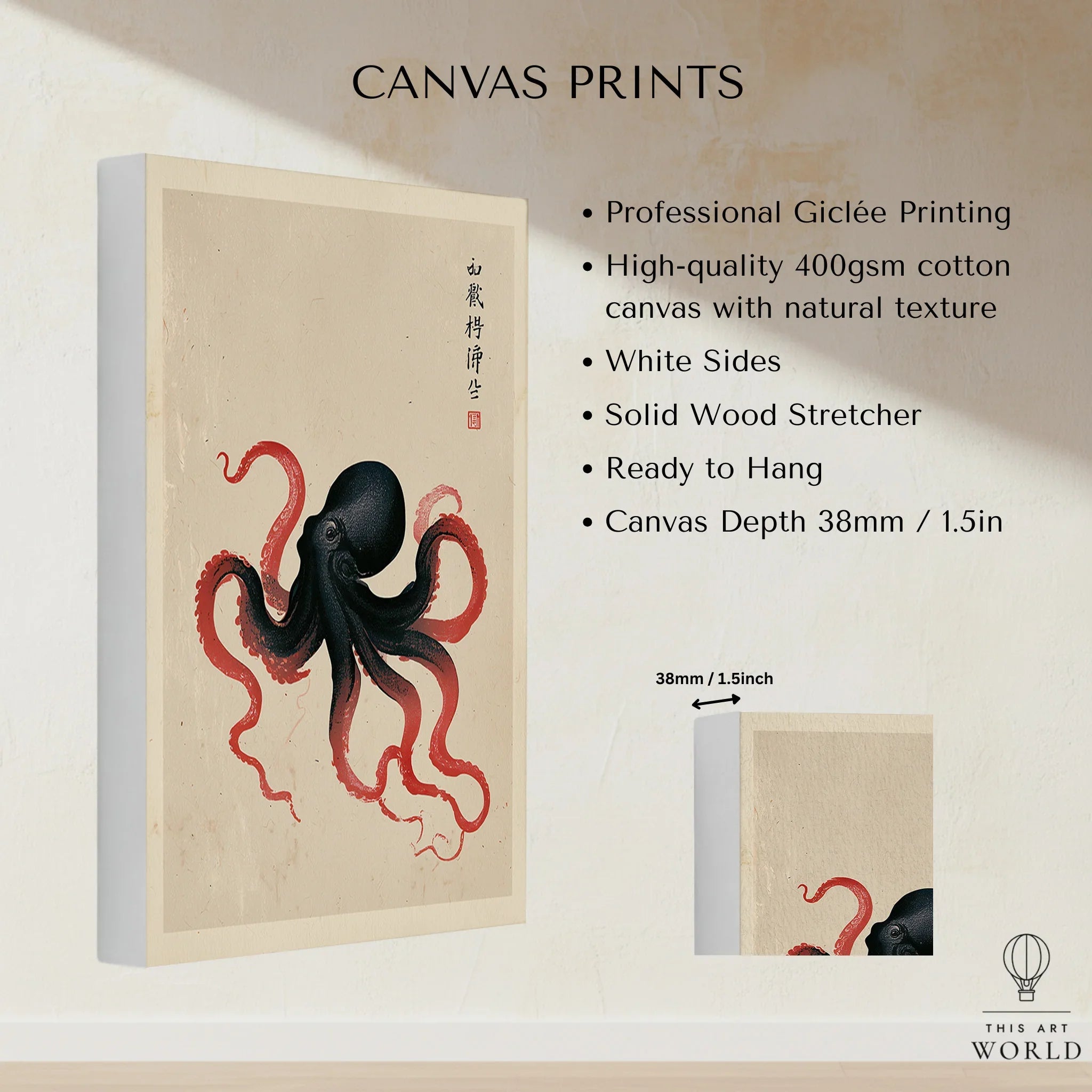 Japanese Octopus Wall Art – Black & Red Vintage Art Print — canvas print stretched cotton canvas details