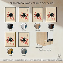 Japanese Octopus Wall Art – Black & Red Vintage Art Print — framed canvas float frame colour options