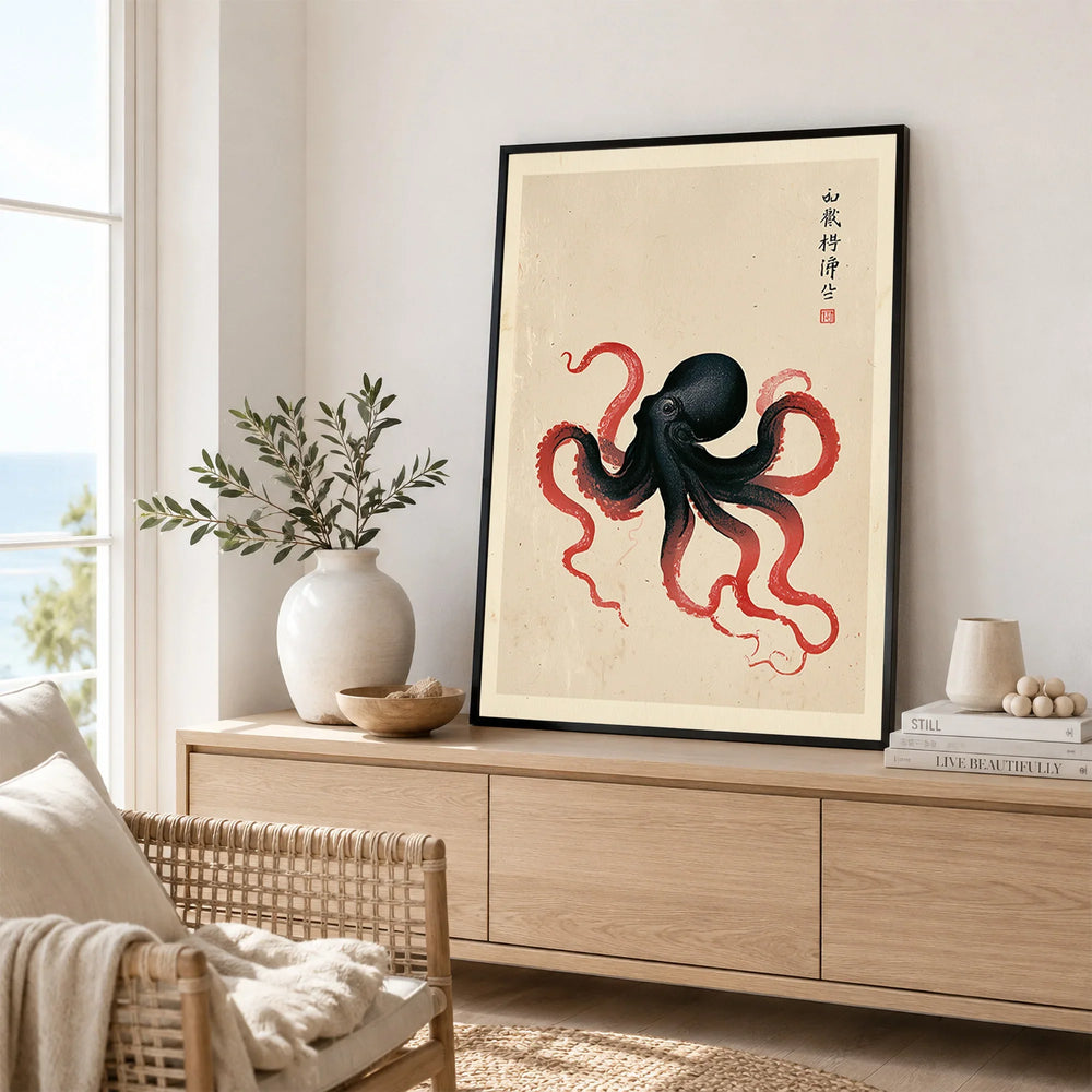 Japanese Octopus Wall Art – Black & Red Vintage Art Print — framed artwork living room lifestyle setting