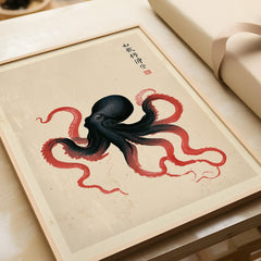 Japanese Octopus Wall Art – Black & Red Vintage Art Print — framed art print closeup gift unwrapped natural frame