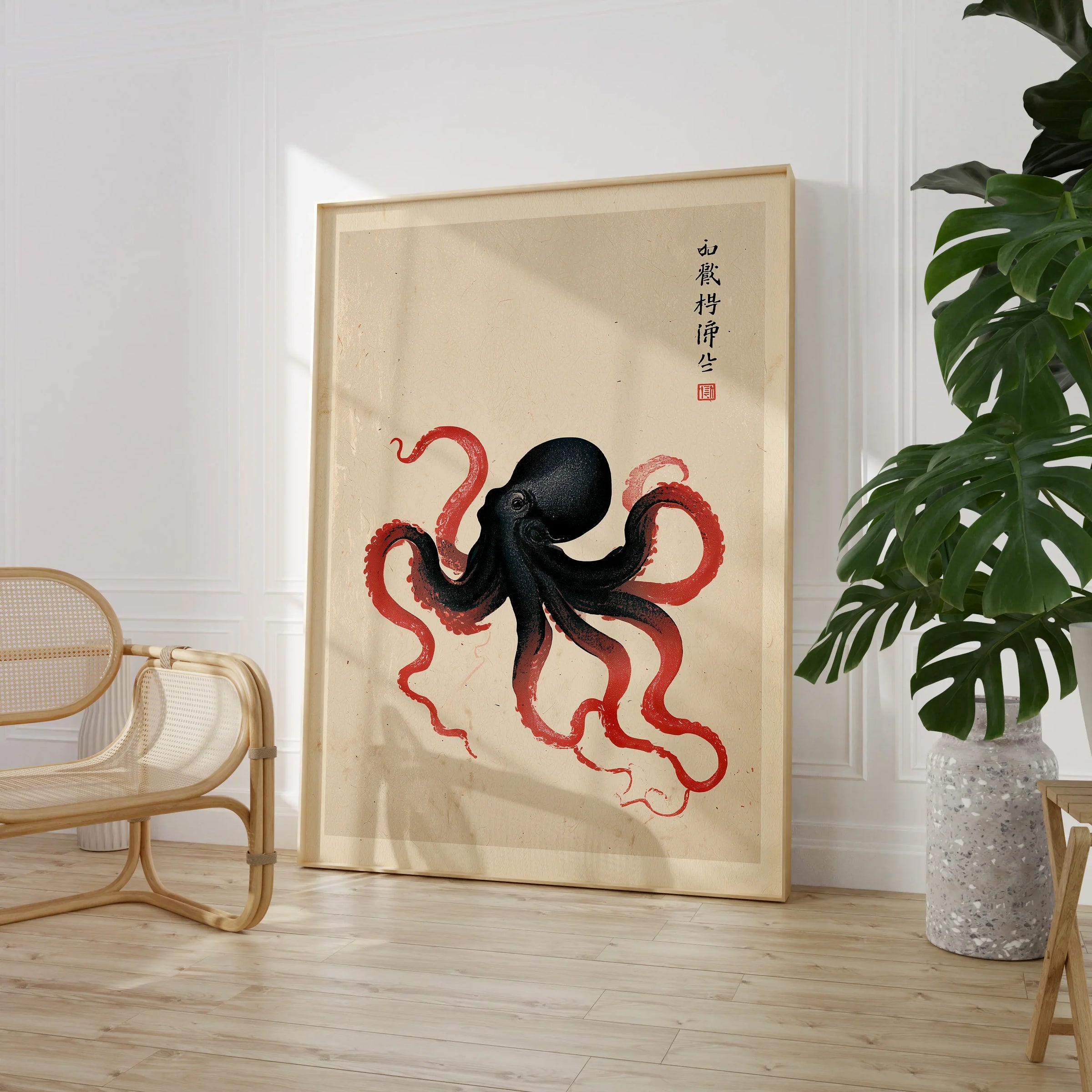 Japanese Octopus Wall Art – Black & Red Vintage Art Print — large framed print room setting chair plant