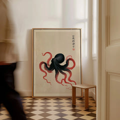 Japanese Octopus Wall Art – Black & Red Vintage Art Print — framed canvas on floor man walking past