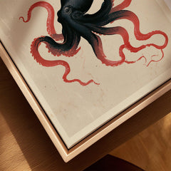 Japanese Octopus Wall Art – Black & Red Vintage Art Print — closeup framed canvas natural wood floating frame