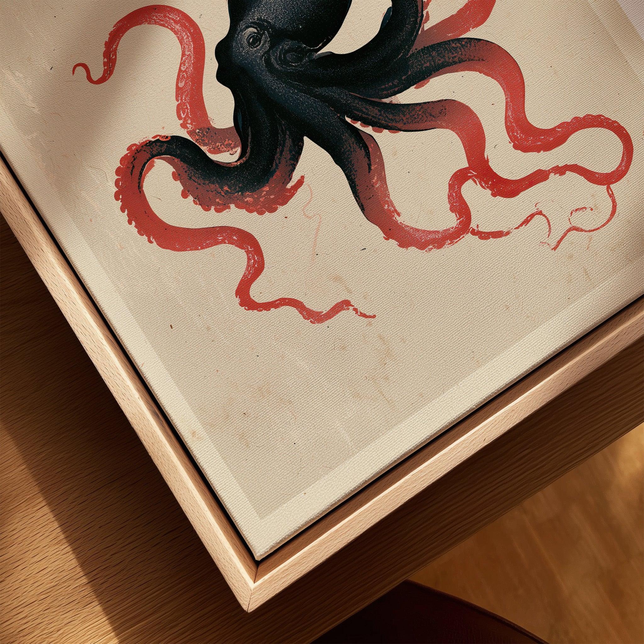 Japanese Octopus Wall Art – Black & Red Vintage Art Print — closeup framed canvas natural wood floating frame