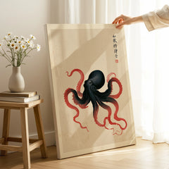 Japanese Octopus Wall Art – Black & Red Vintage Art Print — canvas print mirror edge hand holding room setting