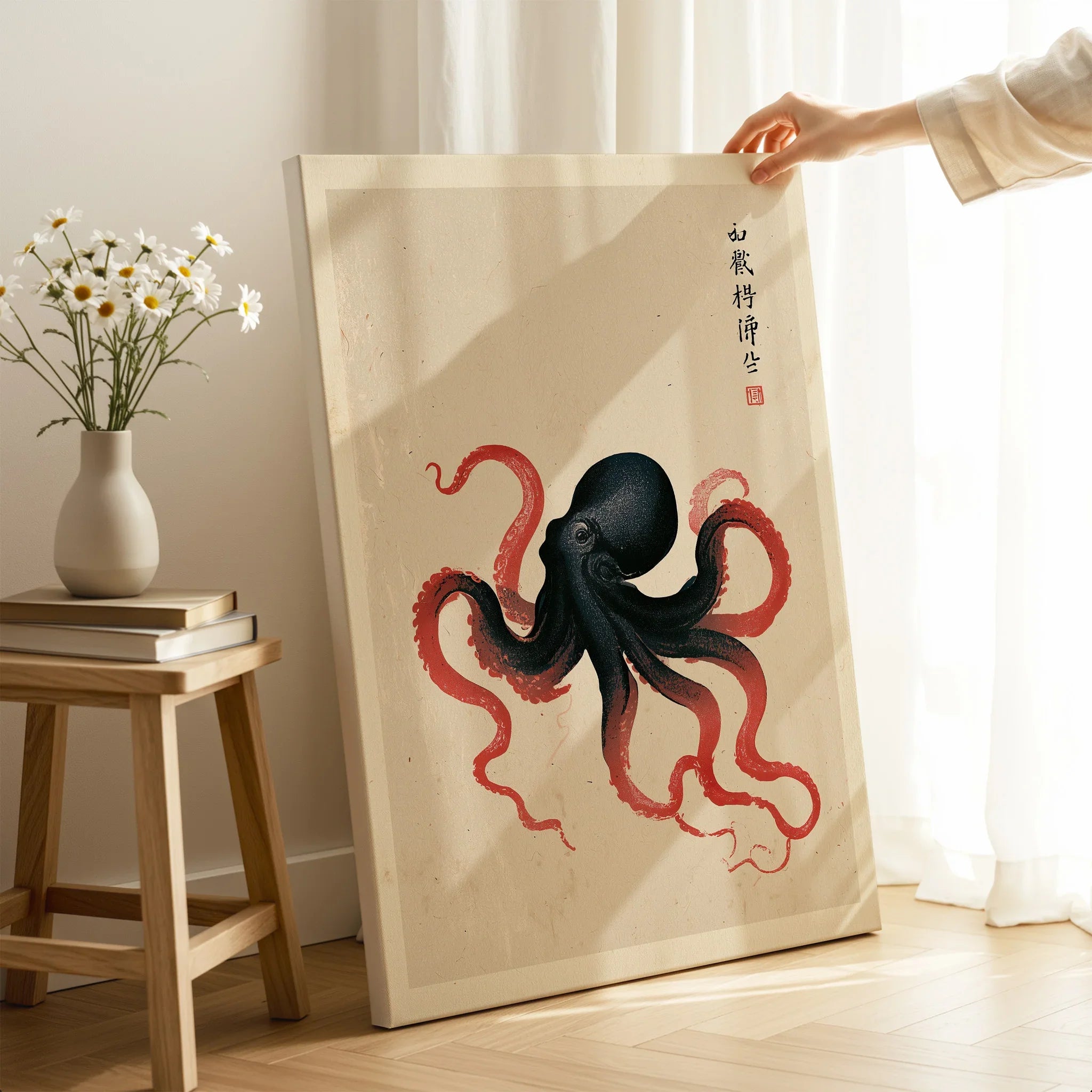 Japanese Octopus Wall Art – Black & Red Vintage Art Print — canvas print mirror edge hand holding room setting