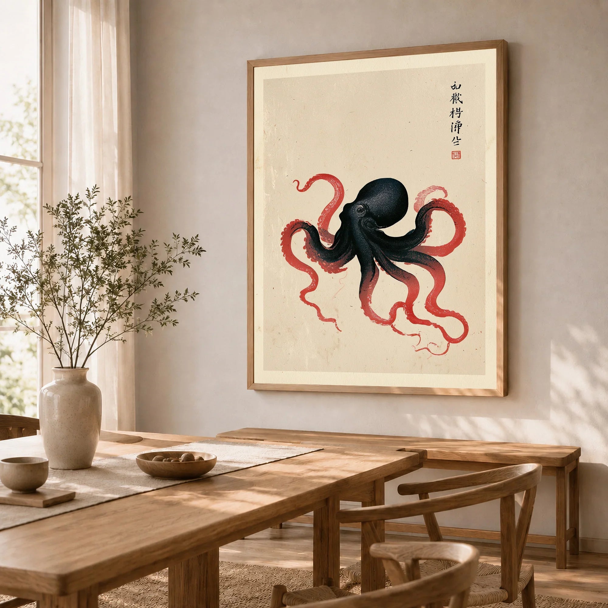 Japanese Octopus Wall Art – Black & Red Vintage Art Print — dining room framed print natural wood frame