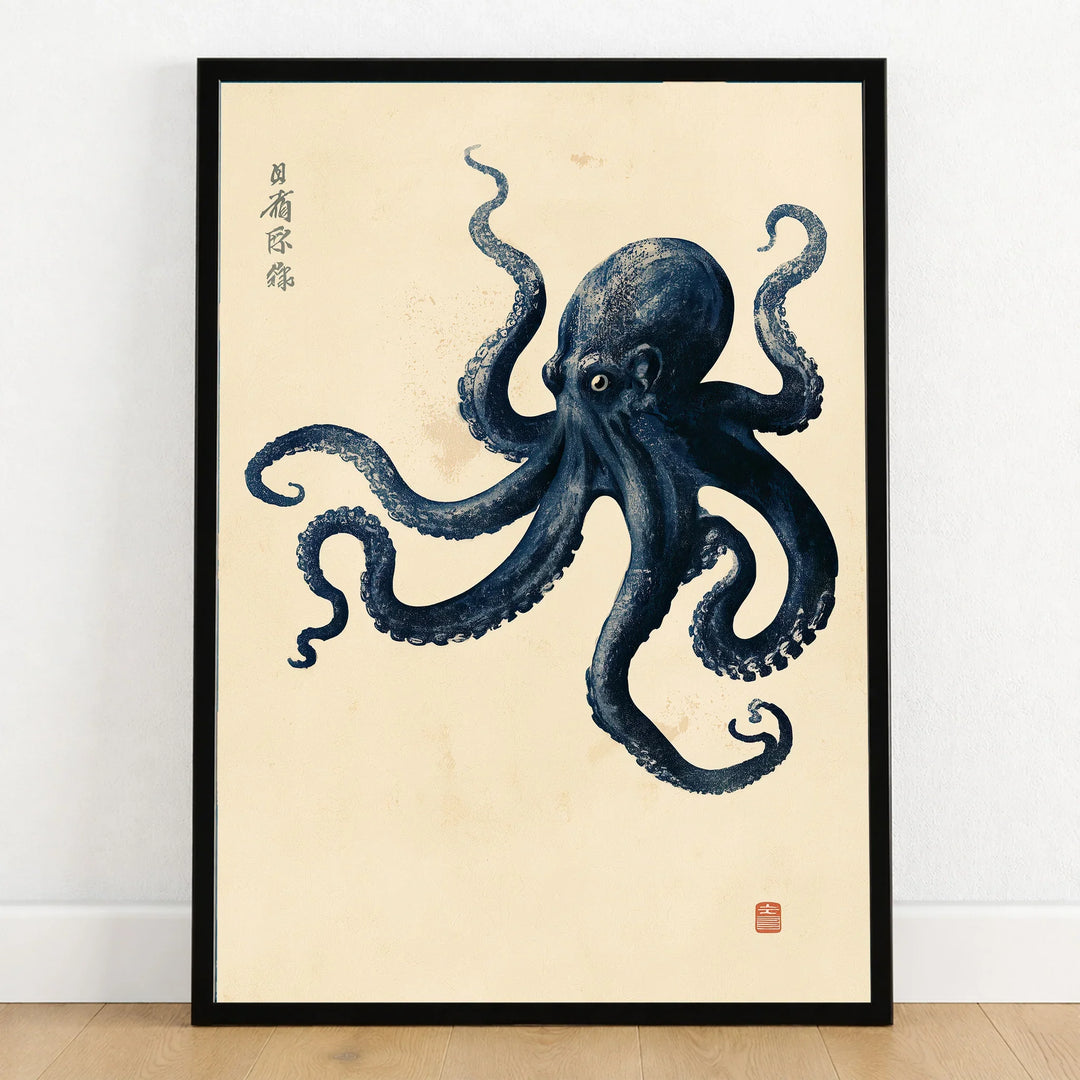 Vintage Japanese Octopus Art Print – Coastal Wall Art — art print in black frame on wooden floor