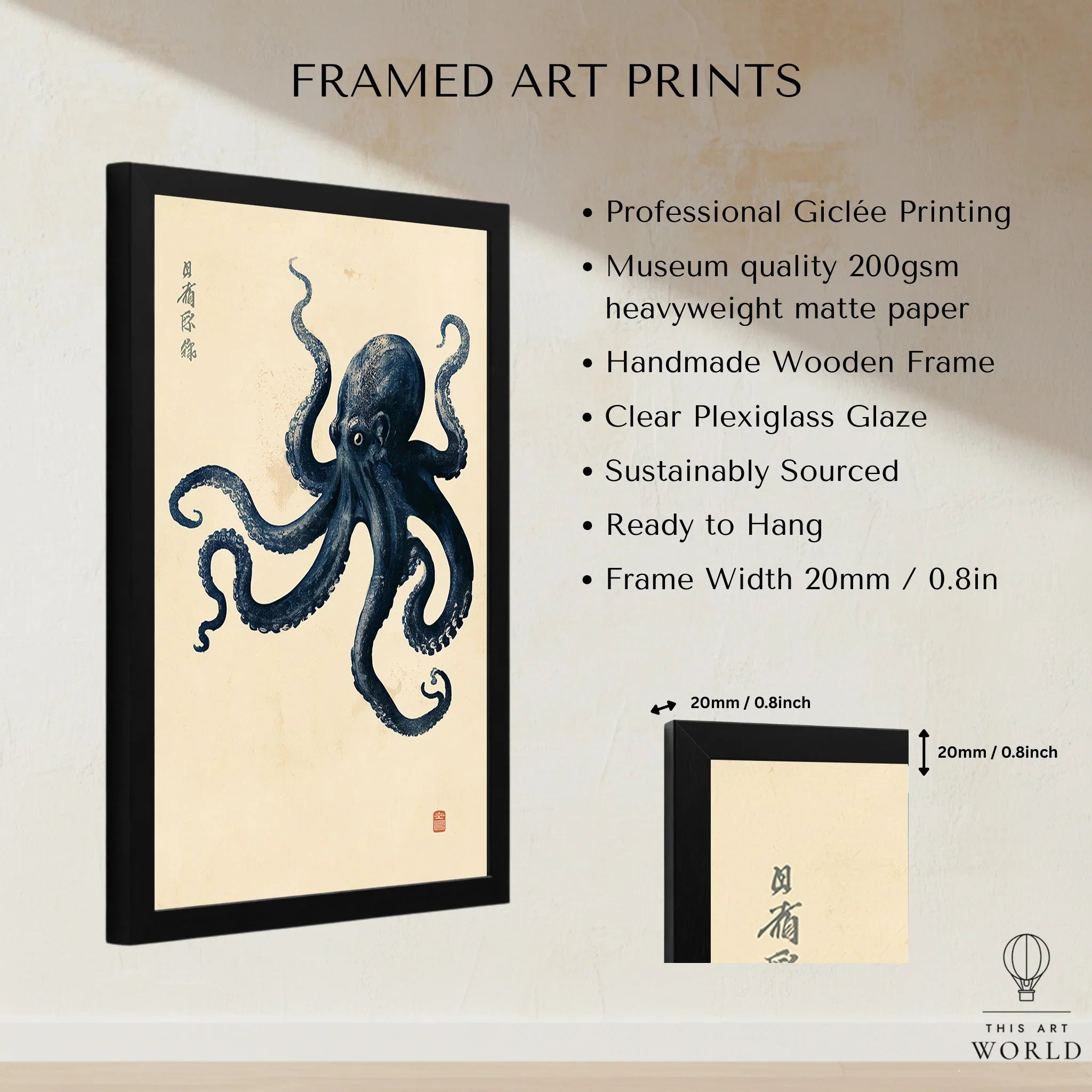 Vintage Japanese Octopus Art Print – Coastal Wall Art — framed print details measurements quality details