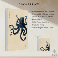 Vintage Japanese Octopus Art Print – Coastal Wall Art — canvas print stretched cotton canvas details