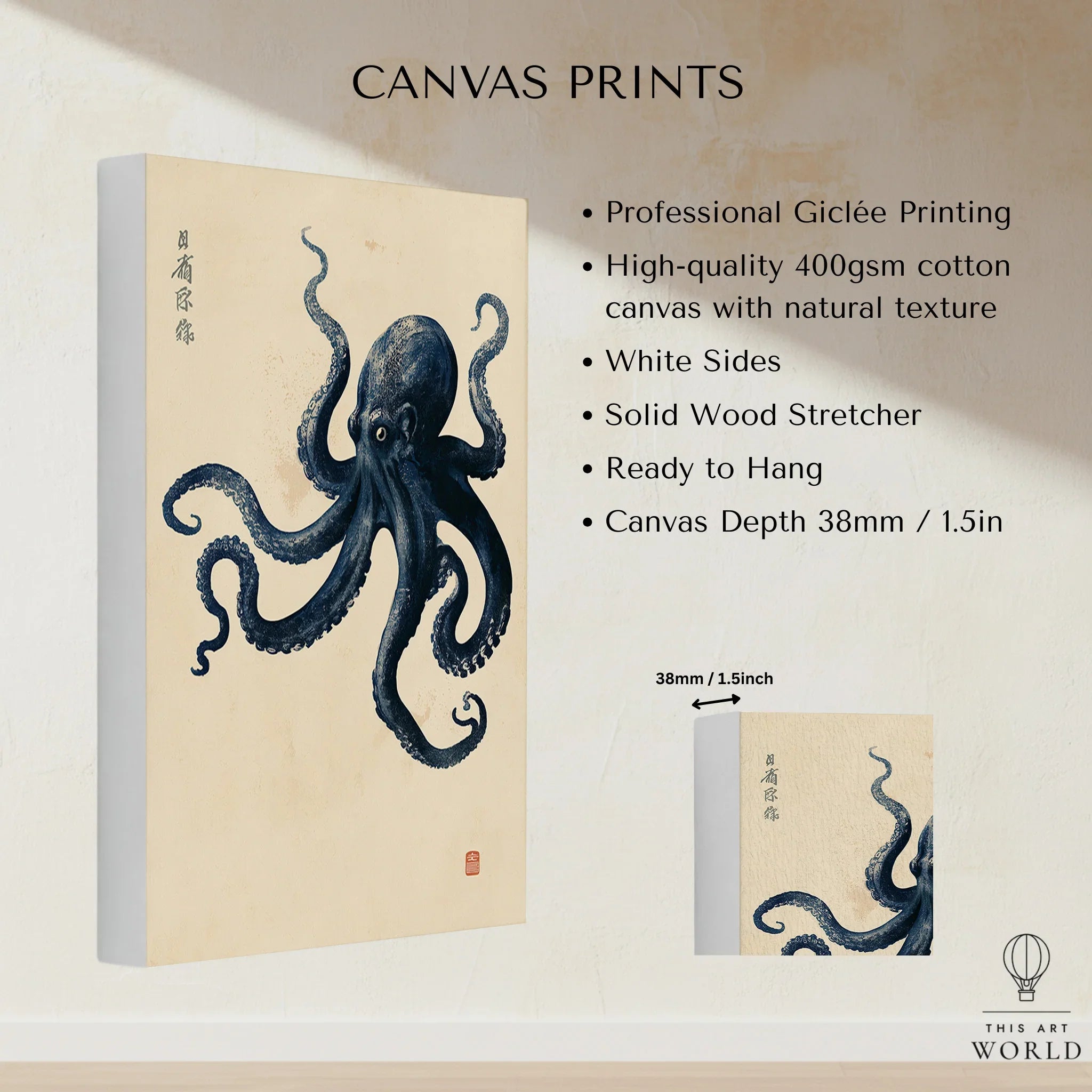 Vintage Japanese Octopus Art Print – Coastal Wall Art — canvas print stretched cotton canvas details