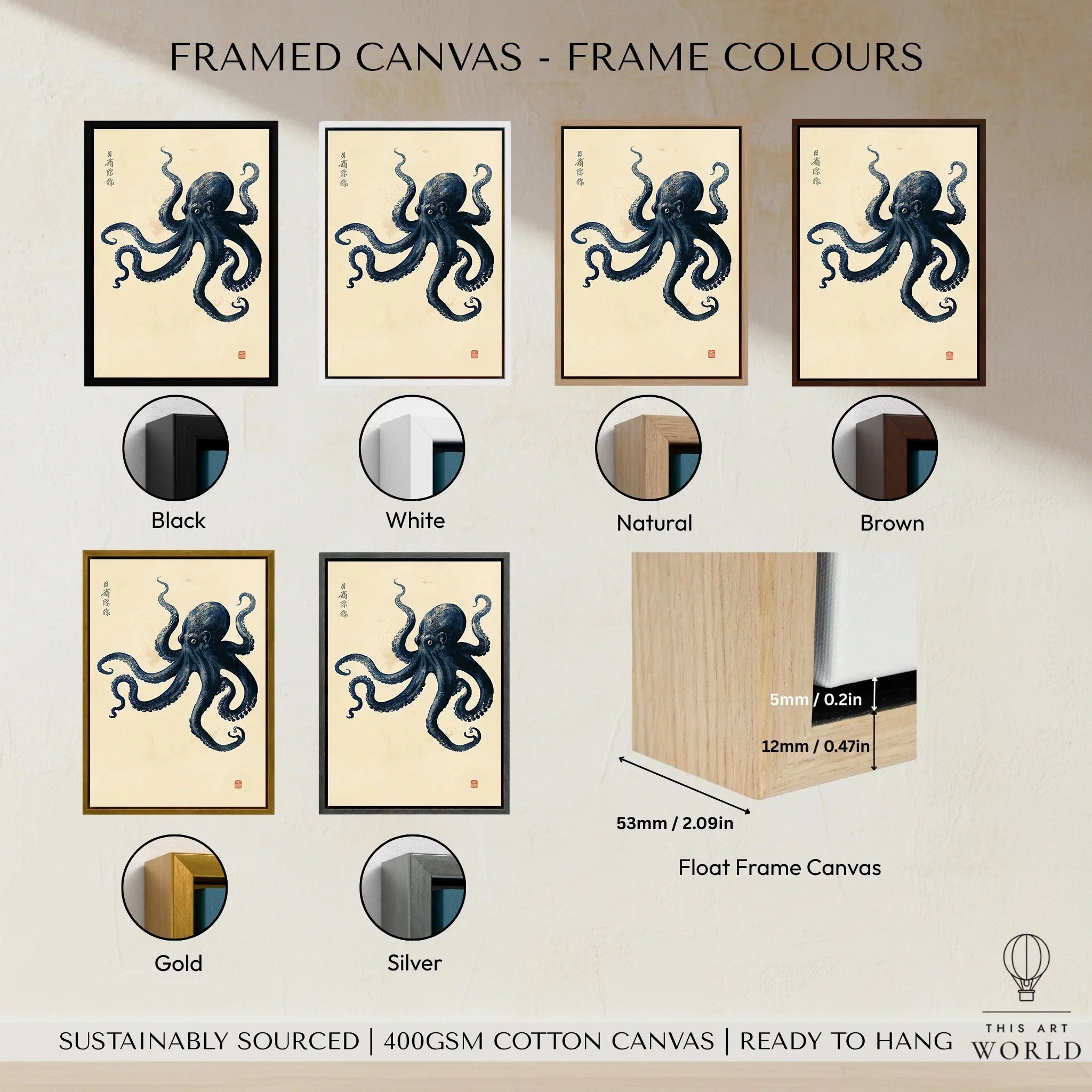 Vintage Japanese Octopus Art Print – Coastal Wall Art — framed canvas float frame colour options
