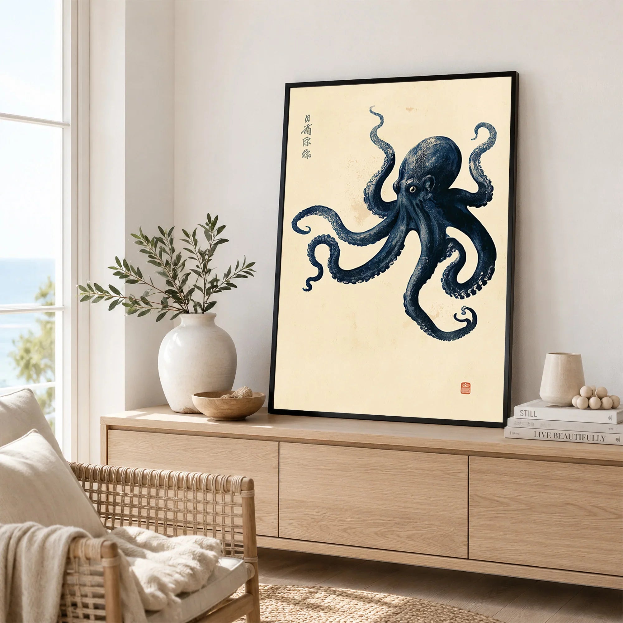 Vintage Japanese Octopus Art Print – Coastal Wall Art — framed artwork living room lifestyle setting