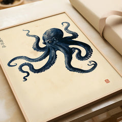 Vintage Japanese Octopus Art Print – Coastal Wall Art — framed art print closeup gift unwrapped natural frame