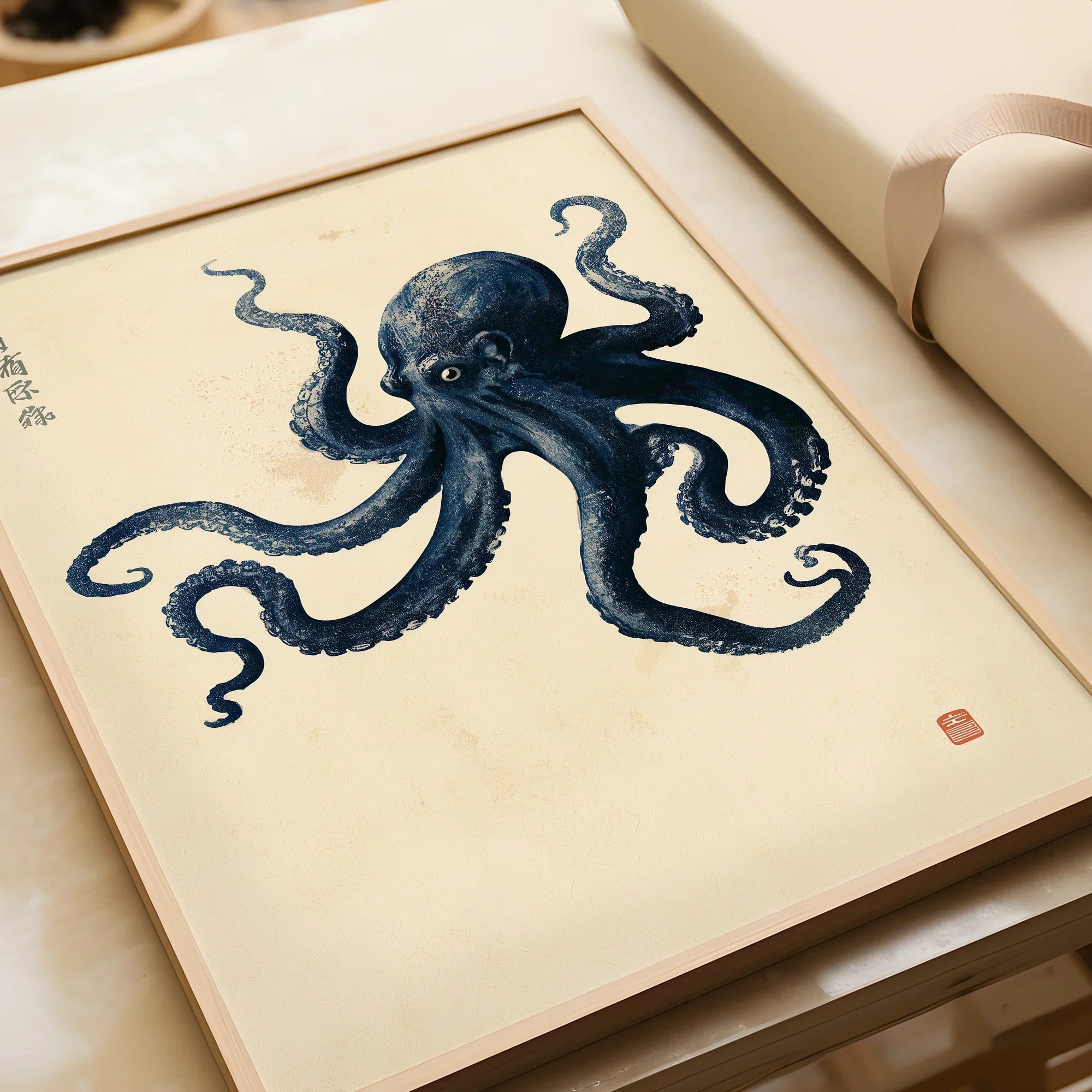 Vintage Japanese Octopus Art Print – Coastal Wall Art — framed art print closeup gift unwrapped natural frame