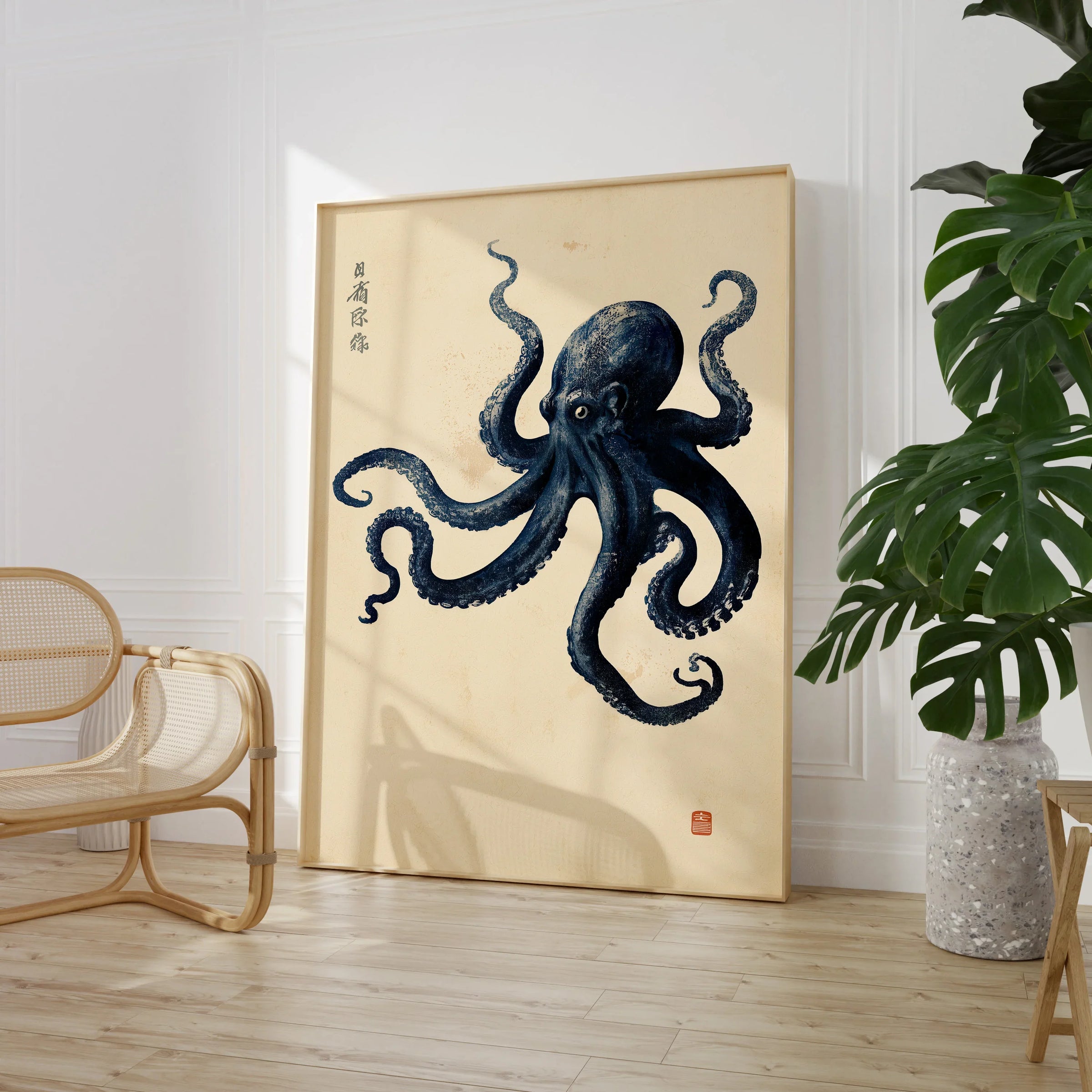 Vintage Japanese Octopus Art Print – Coastal Wall Art — large framed print room setting chair plant