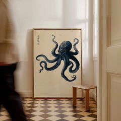 Vintage Japanese Octopus Art Print – Coastal Wall Art — framed canvas on floor man walking past